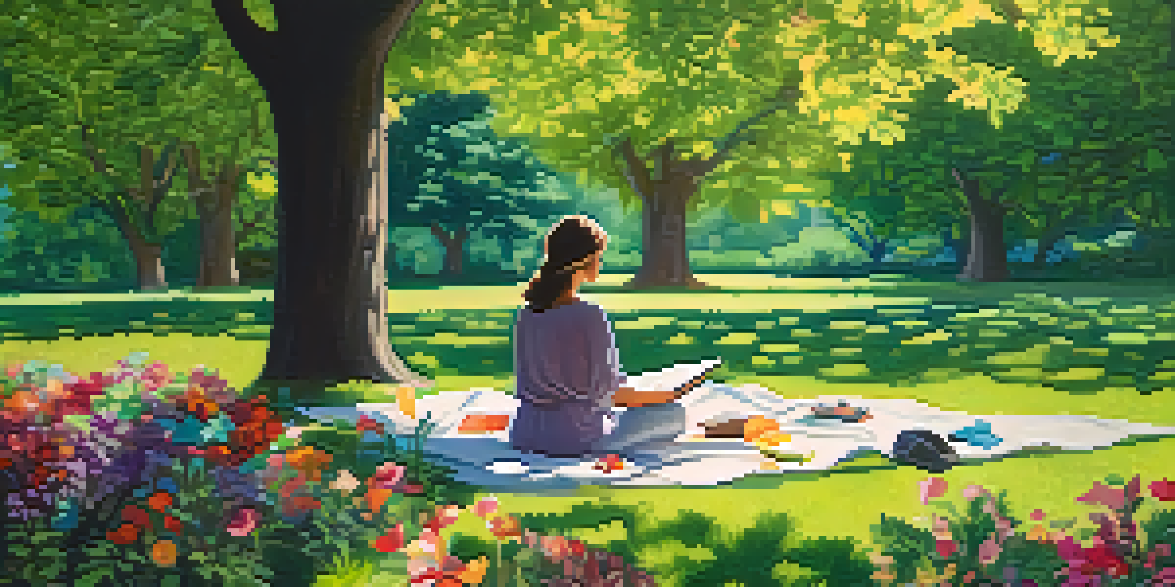 A person creating a nature collage in a park filled with flowers and trees under soft sunlight.