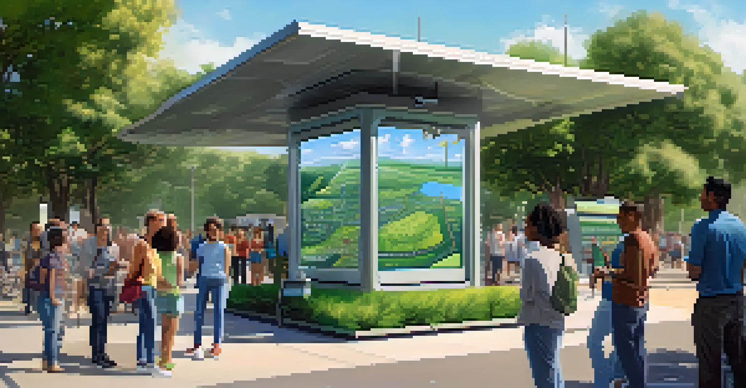 A modern air quality monitoring station in a green area, with community members discussing air quality and technology.