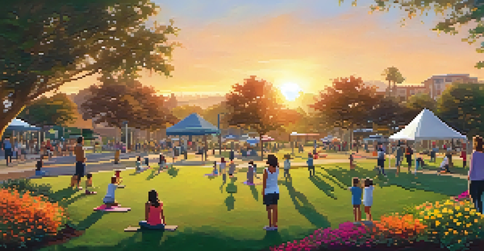 A community park filled with families enjoying activities, children playing, and a farmers' market, illuminated by a warm sunset.