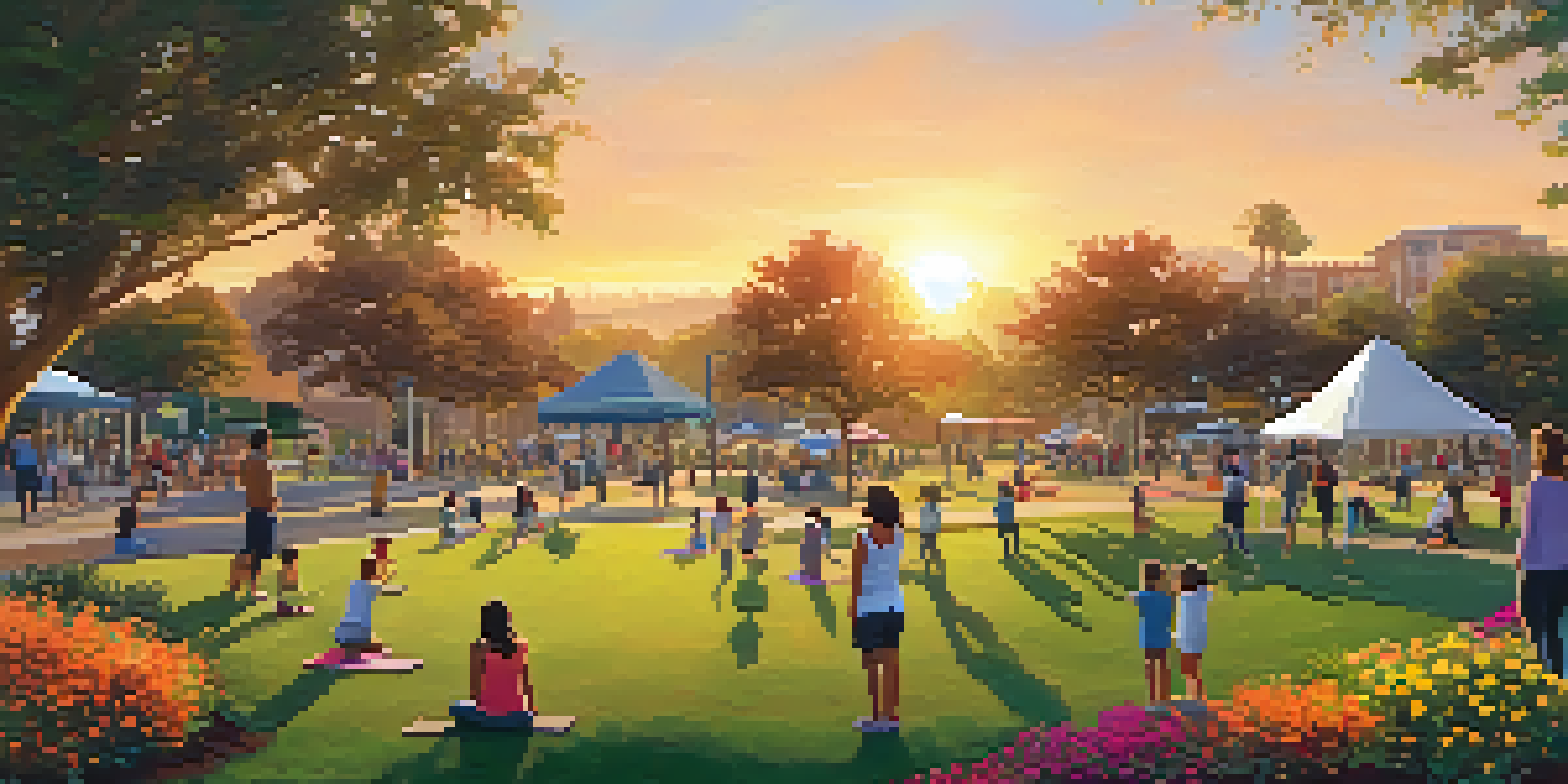 A community park filled with families enjoying activities, children playing, and a farmers' market, illuminated by a warm sunset.