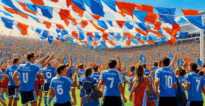 A lively soccer match at PayPal Park with fans cheering, players on the field, and colorful banners.