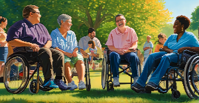 A diverse group of individuals with disabilities in a park, smiling and sharing stories, surrounded by trees and flowers.