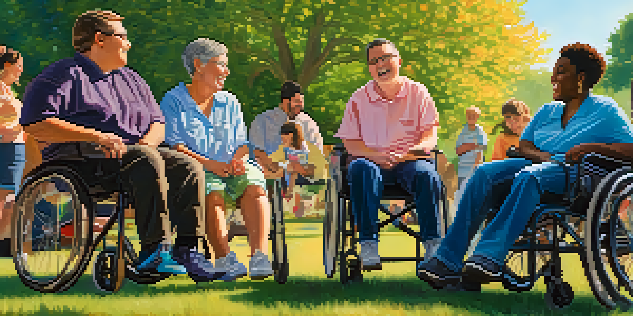 A diverse group of individuals with disabilities in a park, smiling and sharing stories, surrounded by trees and flowers.