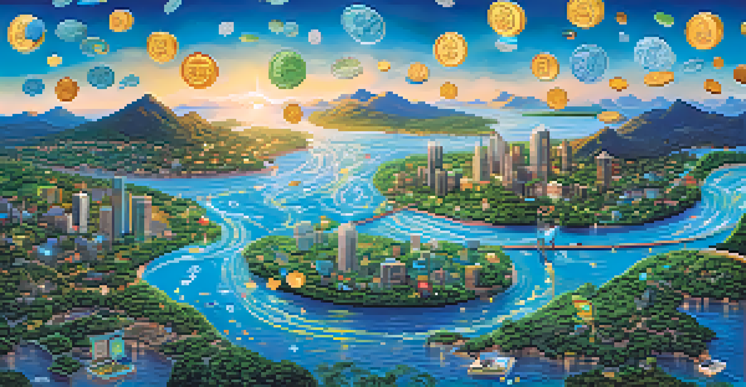 An artistic representation of venture capital flowing into tech startups, depicted as a river of coins and digital symbols.