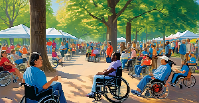 A community gathering in a park with diverse individuals with disabilities engaging in activities, under a clear blue sky with colorful banners promoting inclusivity.