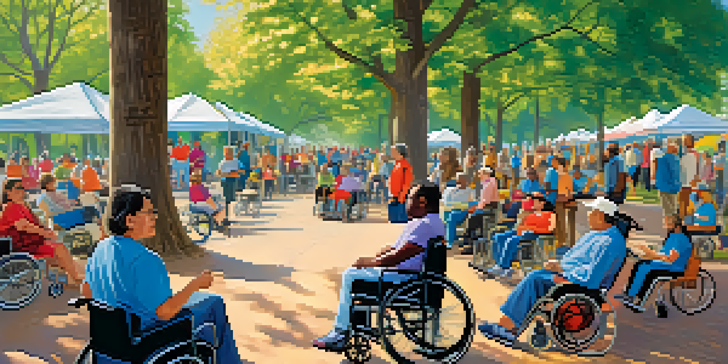 A community gathering in a park with diverse individuals with disabilities engaging in activities, under a clear blue sky with colorful banners promoting inclusivity.