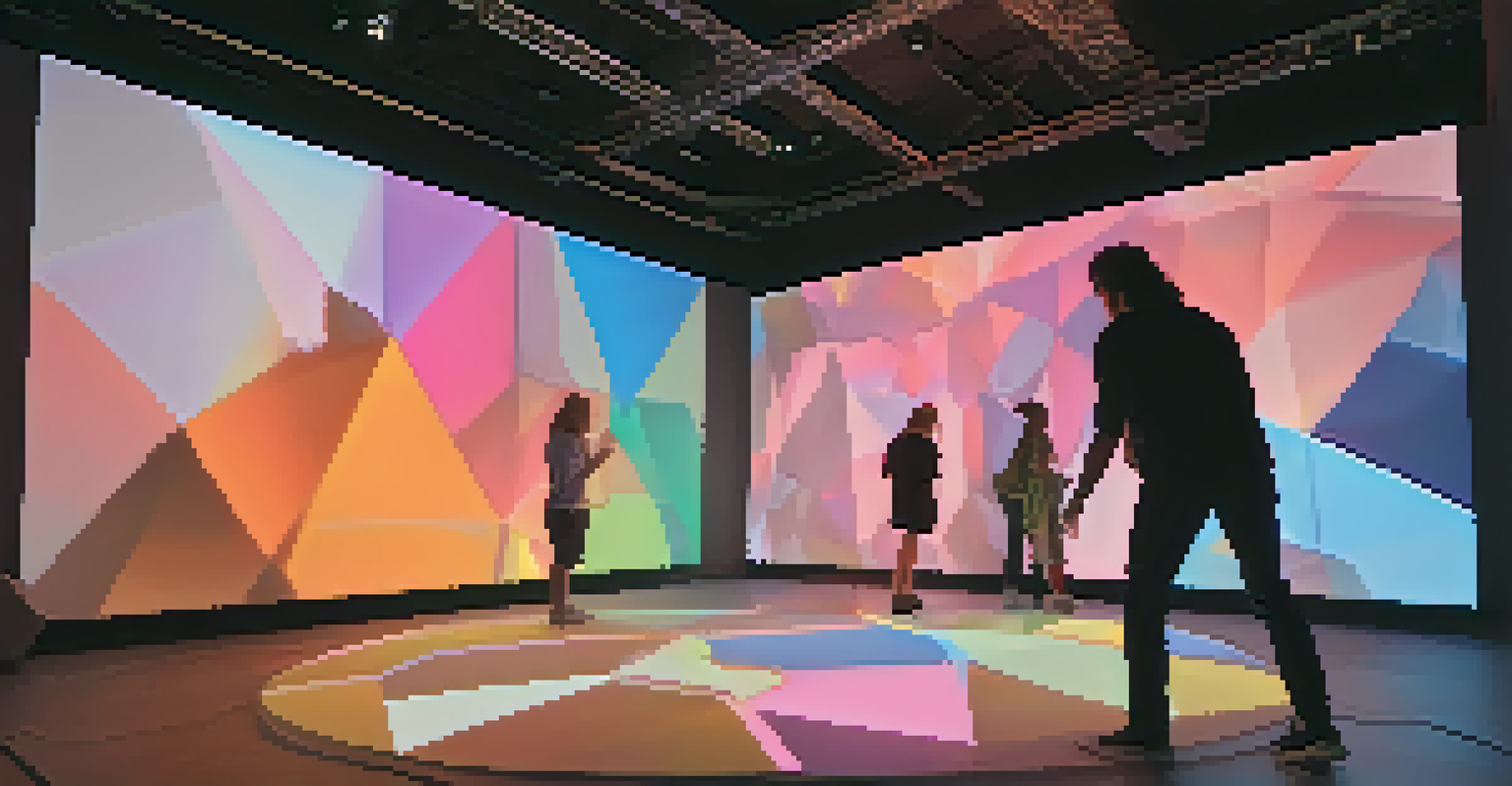 An interactive installation with animated projections responding to viewers, set against a dark background.