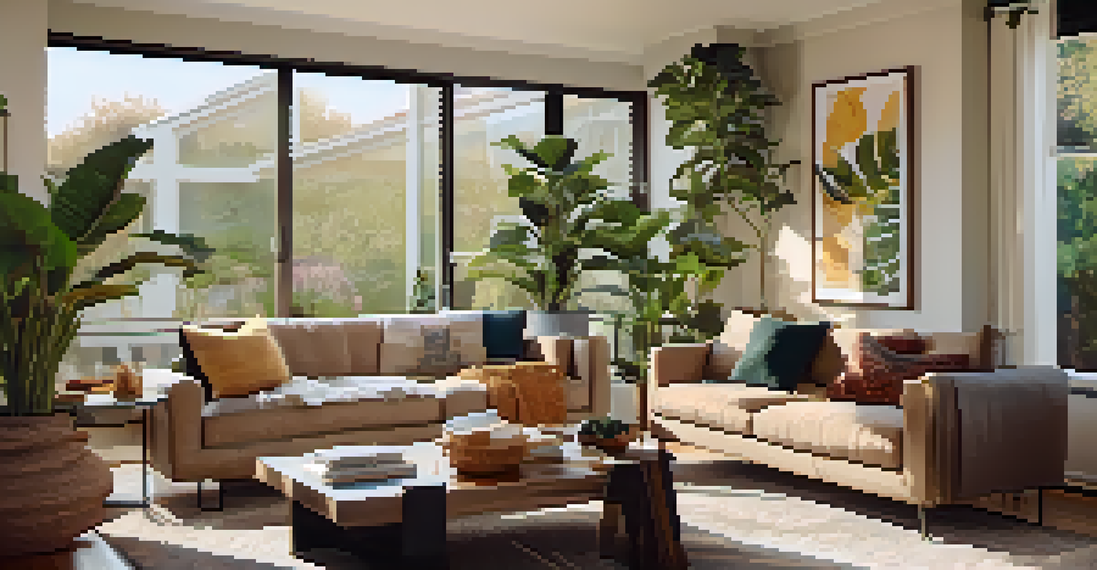 A cozy living room in a San Jose home, featuring contemporary furniture, warm lighting, and large windows with plants and artwork.
