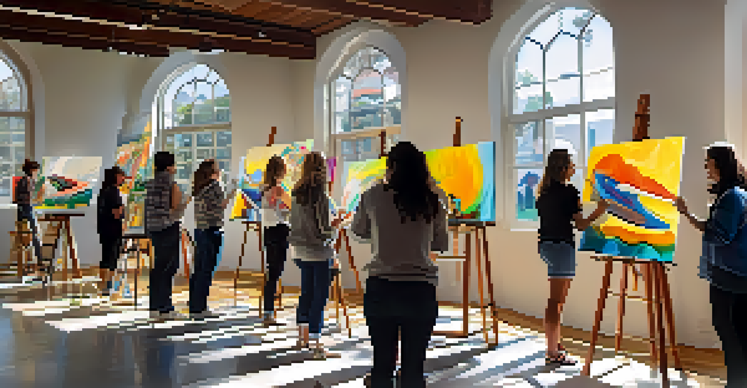 Participants engaged in a painting workshop at an art gallery in San Jose, surrounded by colorful artwork and natural light.