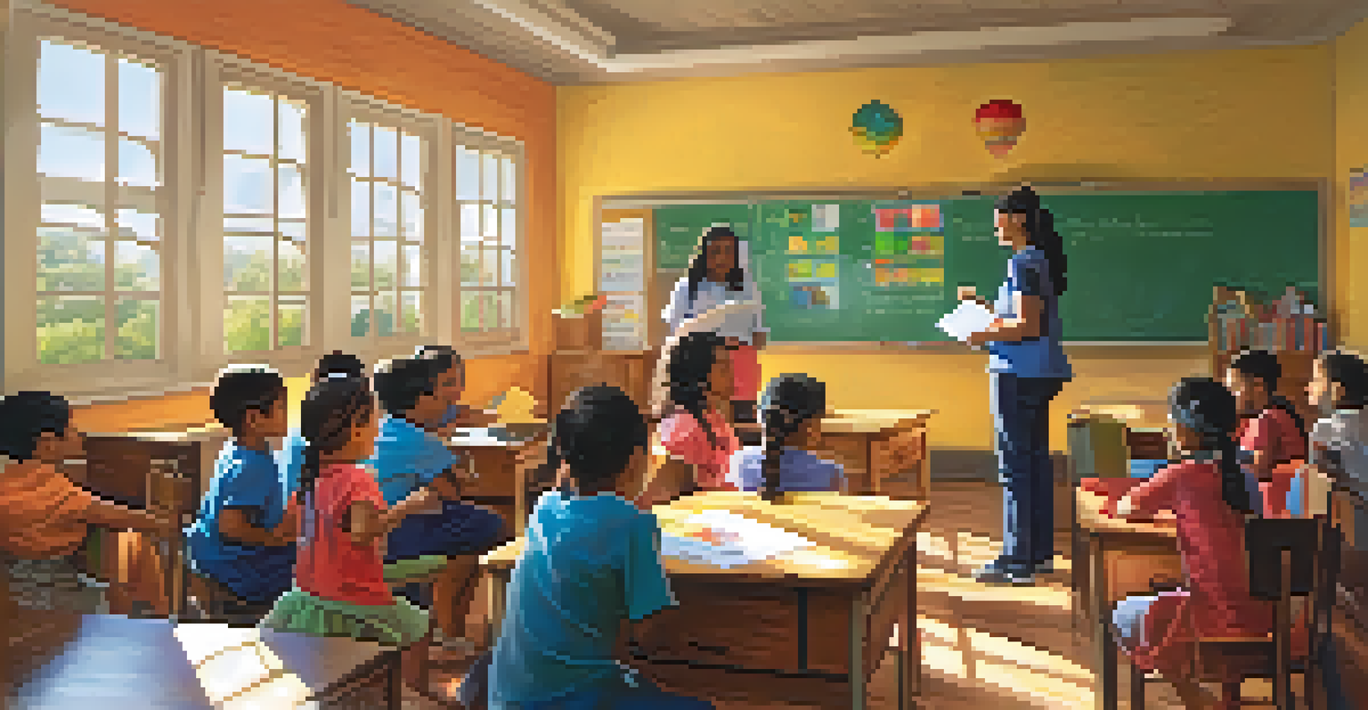 A volunteer teaching children in a colorful classroom, engaging them with educational activities.