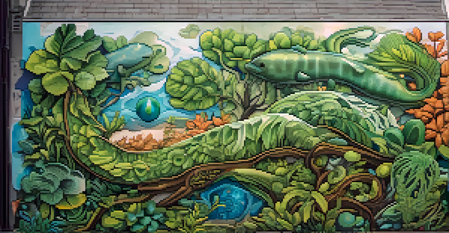 A close-up of a detailed street art mural focused on climate change, featuring nature and urban elements in vibrant colors.