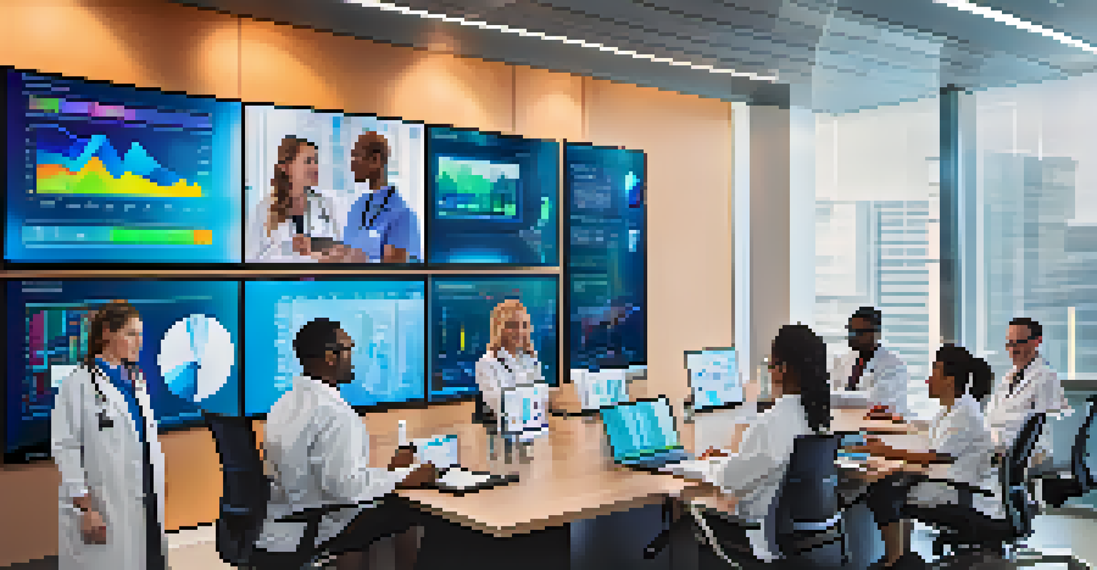 A diverse group of healthcare professionals collaborating in a modern conference room on telehealth solutions, with large screens displaying data analytics.