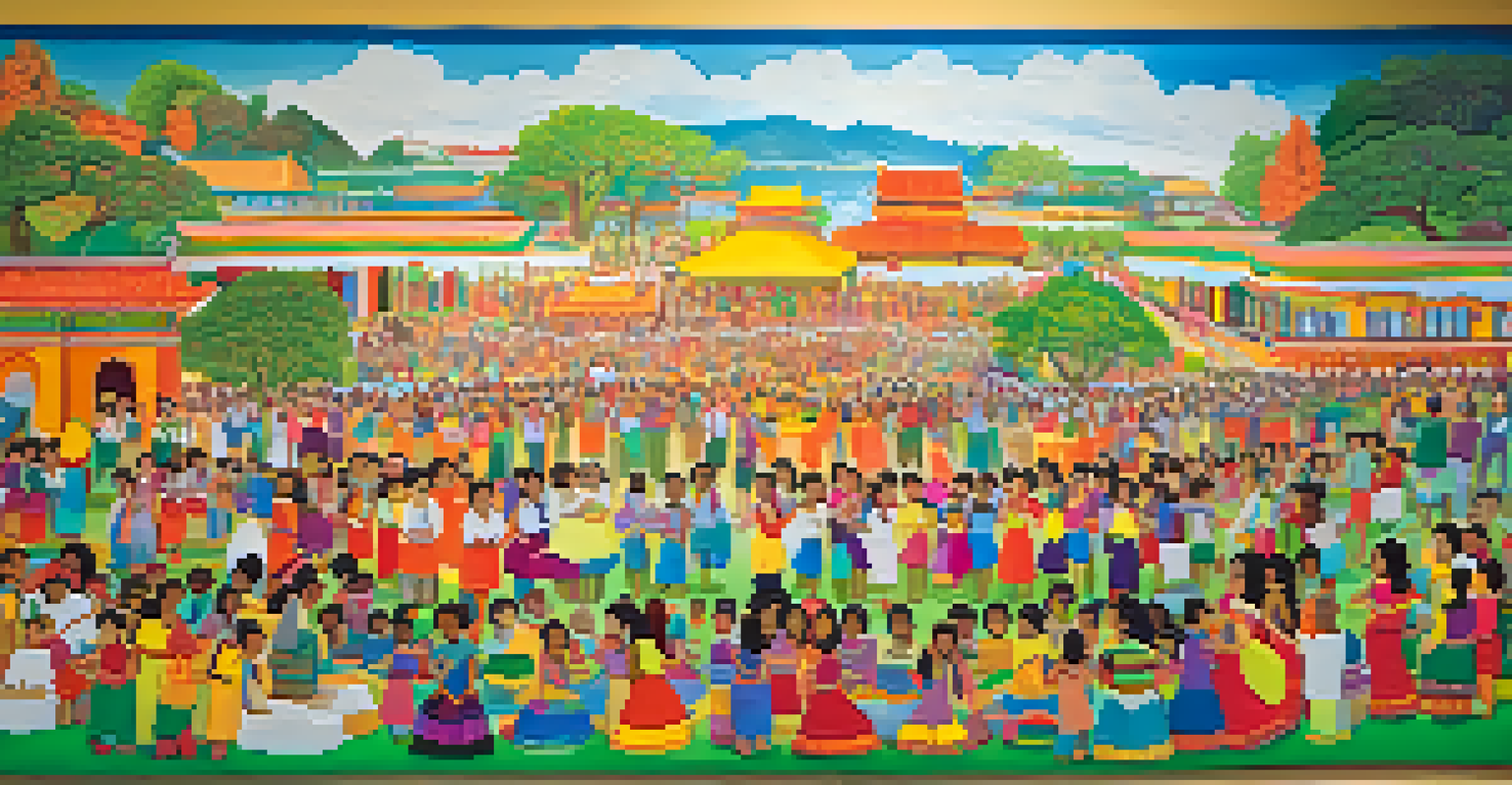 Students and parents joyfully collaborating on a colorful mural that represents various cultures in a workshop setting, highlighting community engagement.