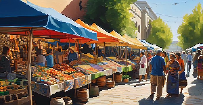 A vibrant artisan market with colorful stalls displaying handmade crafts, people shopping and interacting under sunny skies.