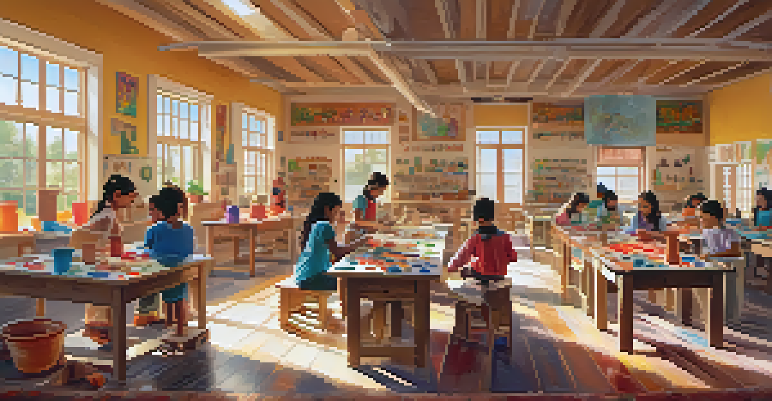 A creative arts and crafts workshop in a community center, showing children making pottery with colorful supplies and sunlight streaming through windows.
