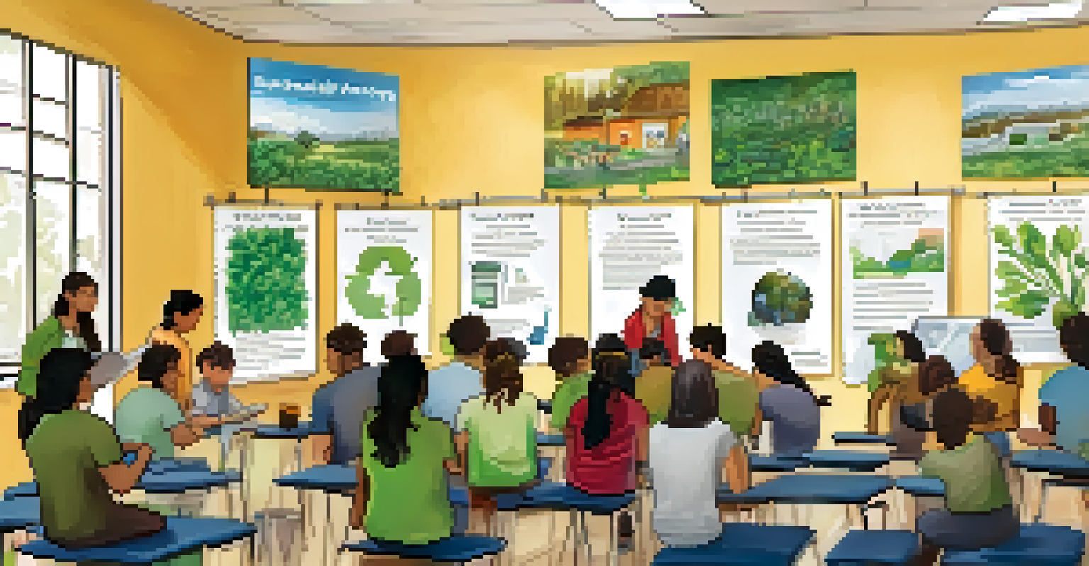 An instructor leading a sustainability workshop at a community center, with participants learning about composting and surrounded by educational posters.