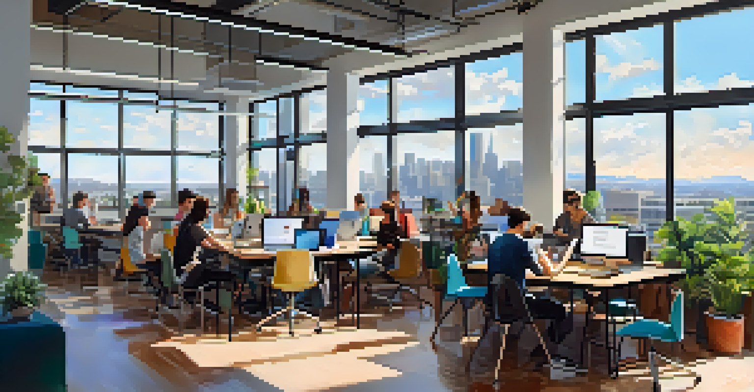 A bright co-working space in San Jose, filled with young professionals collaborating and working on laptops amidst modern furniture and plants.