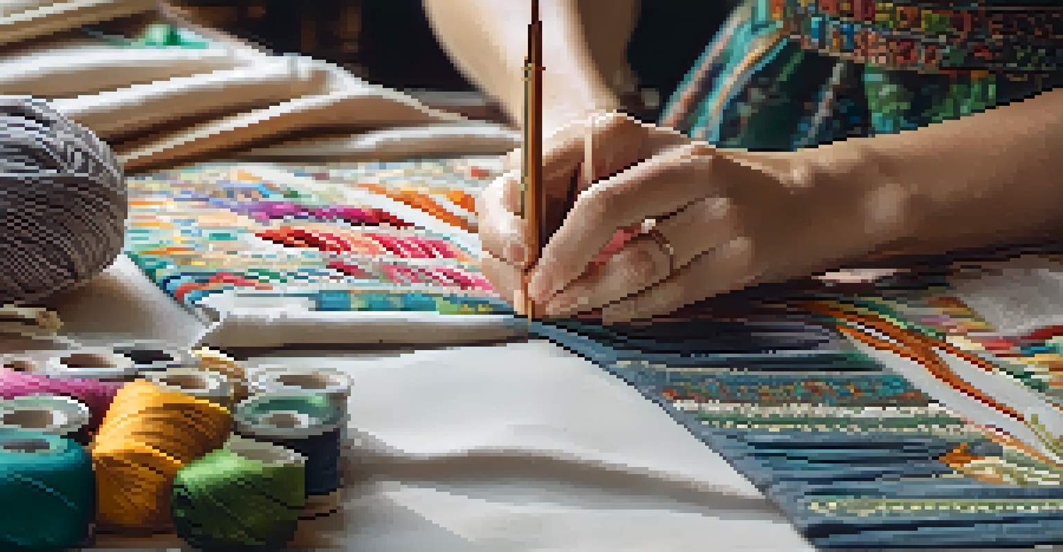 A close-up of a designer's hands creating clothing with traditional embroidery techniques in a bright workspace.