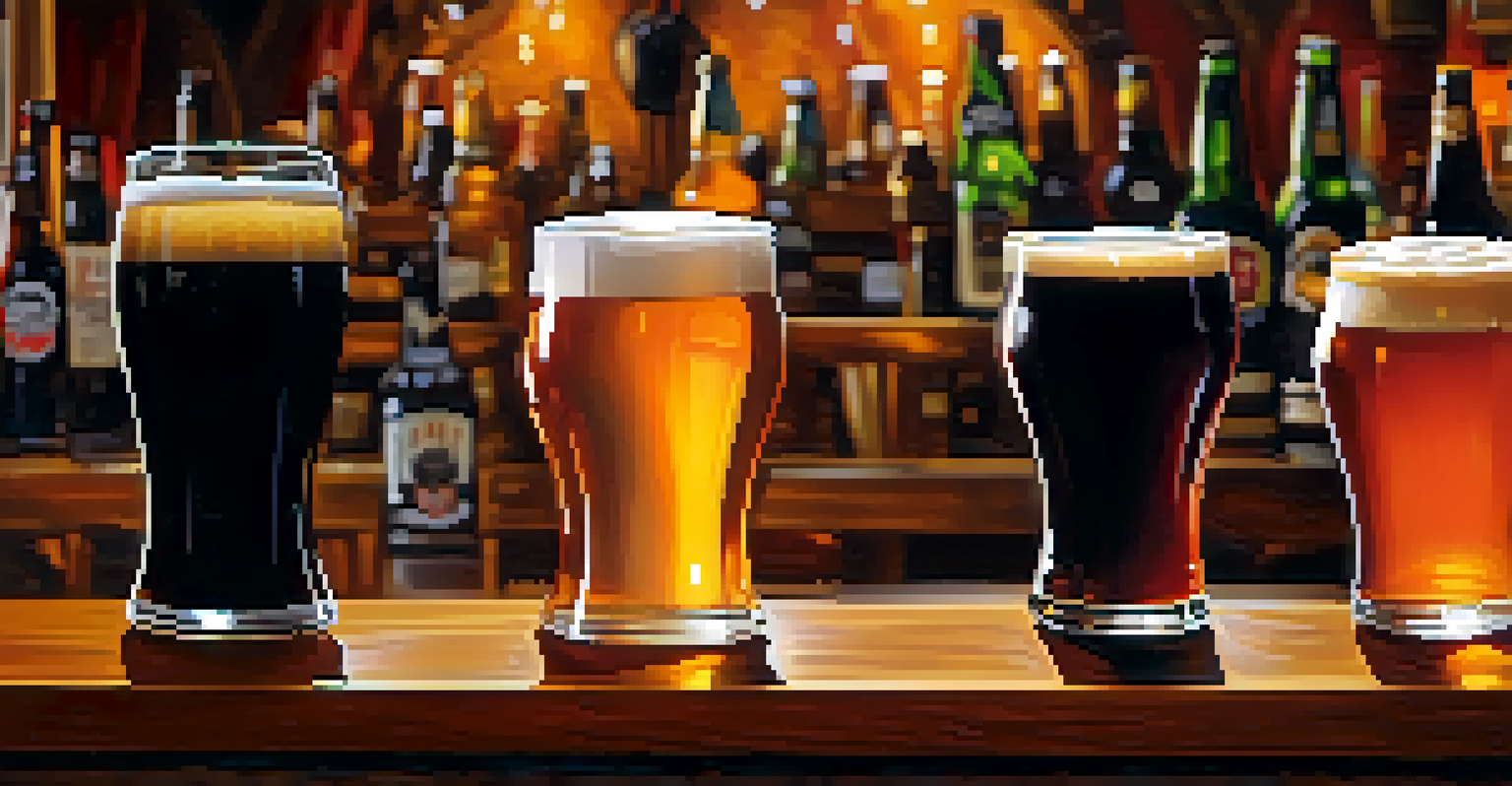 A wooden table displaying a tasting flight of different craft beers in clear glasses, set against a festival backdrop.