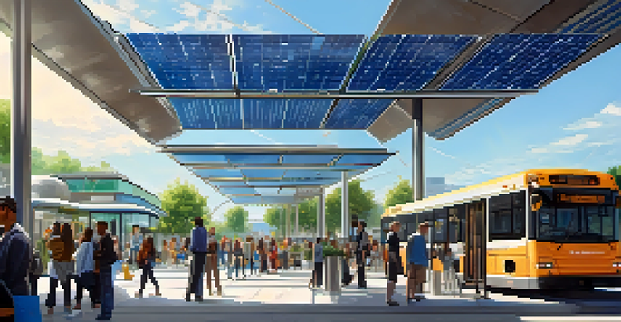 A modern urban transit station with electric buses, solar panels, and commuters in a clean environment surrounded by greenery.