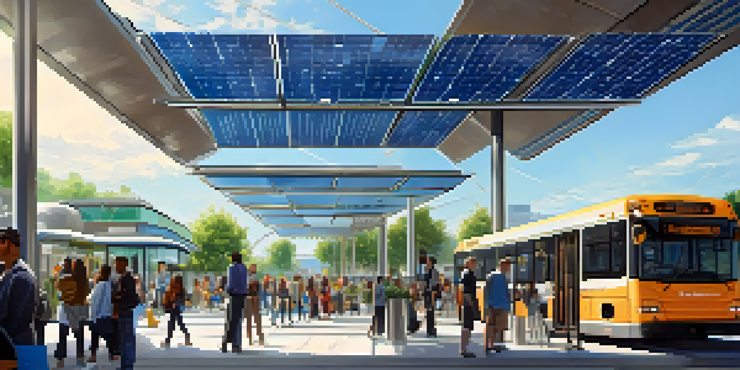 A modern urban transit station with electric buses, solar panels, and commuters in a clean environment surrounded by greenery.