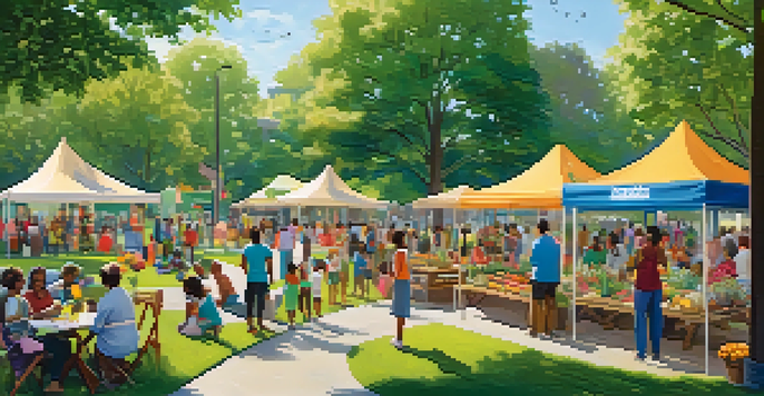 A lively park scene with diverse families engaging in a community gathering, promoting affordable housing.