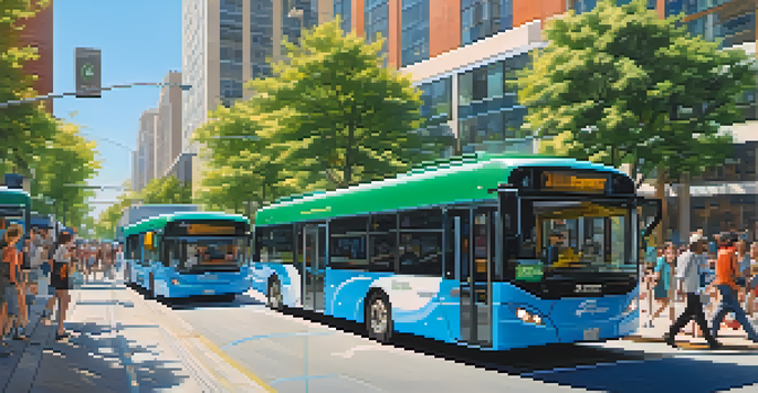A vibrant urban scene with electric buses, greenery, and diverse people boarding the buses on a sunny day.