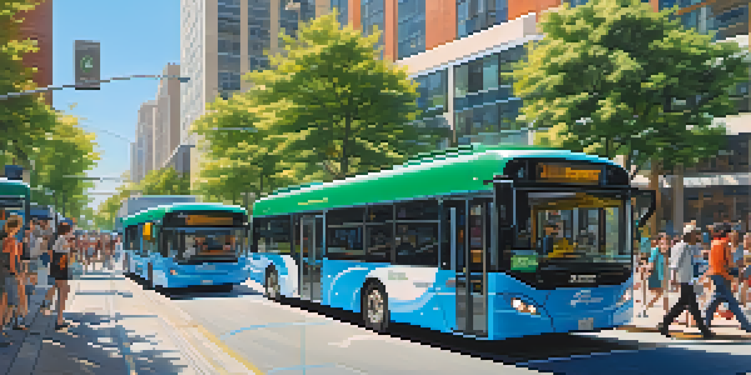 A vibrant urban scene with electric buses, greenery, and diverse people boarding the buses on a sunny day.