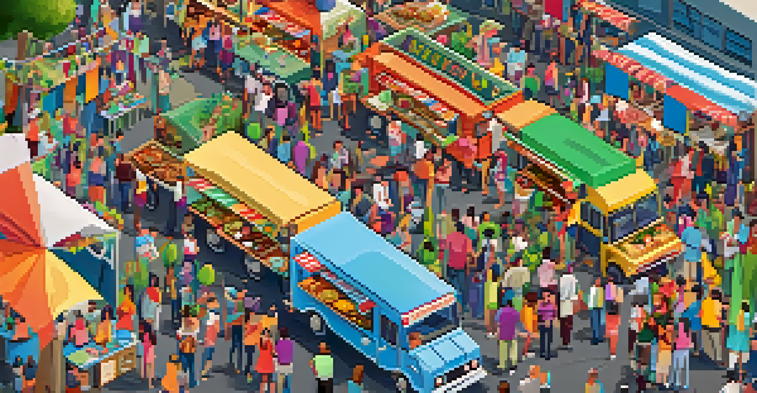 An aerial view of a busy food truck event with various trucks and people enjoying food and music.