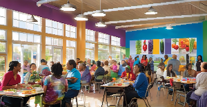 A diverse group of people attending a diabetes education workshop at a community center, with colorful posters and fresh produce visible.