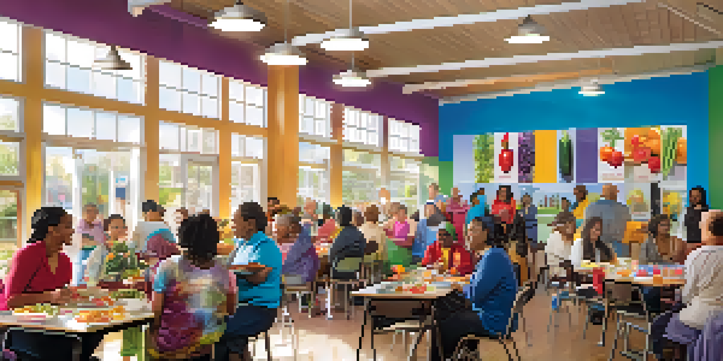 A diverse group of people attending a diabetes education workshop at a community center, with colorful posters and fresh produce visible.