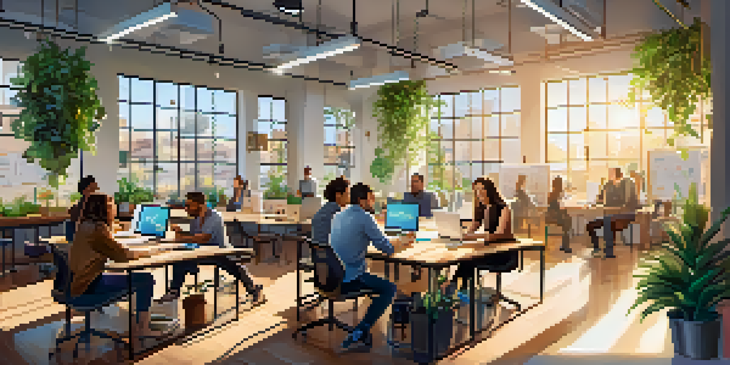 A lively tech startup office with diverse entrepreneurs working and collaborating around a table, filled with modern decor and natural light.