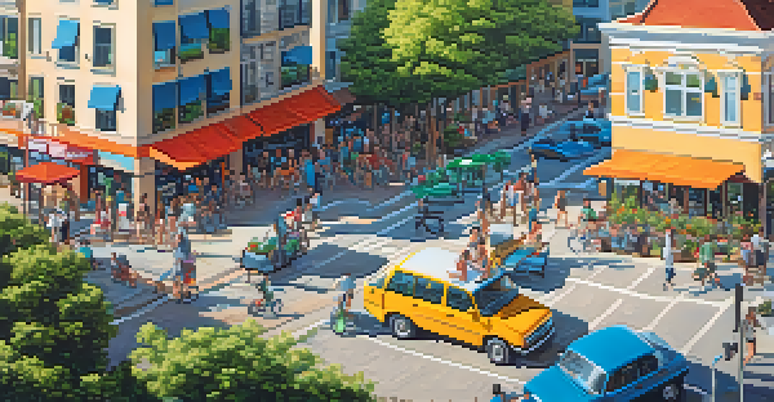 An aerial view of a lively car-free zone filled with people, cafes, and parks, surrounded by colorful street art and greenery under a clear blue sky.