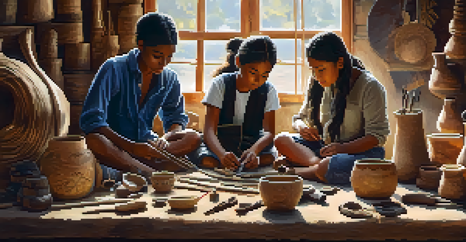 Young people participating in a crafting workshop with local artisans, creating traditional artifacts in a warm and inviting setting.