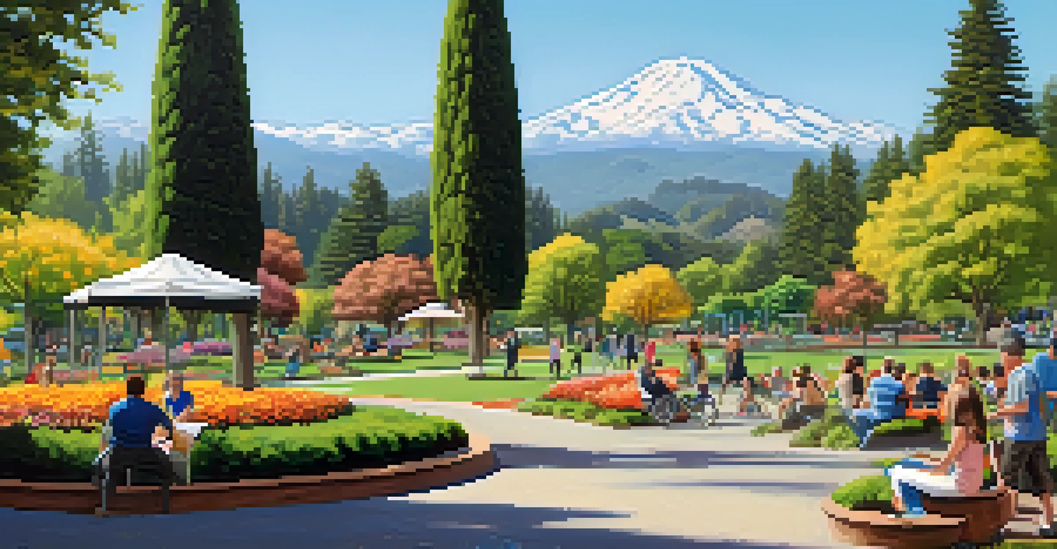 A sunny park in San Jose with people enjoying outdoor activities, surrounded by trees and flowers, with mountains in the background.