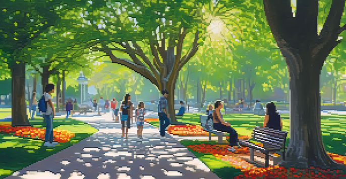 A peaceful park in San Jose with lush trees, a walking path, and people walking.