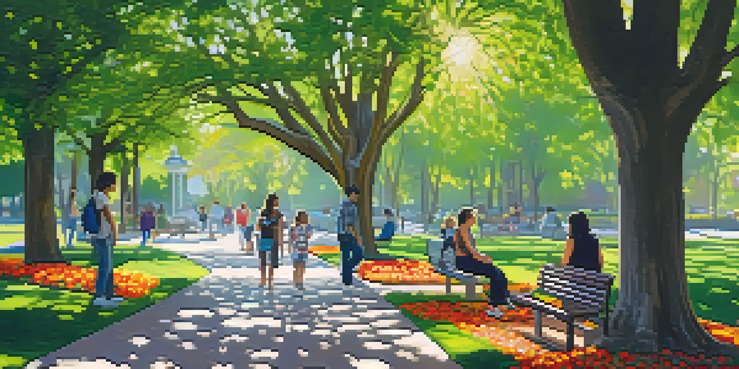 A peaceful park in San Jose with lush trees, a walking path, and people walking.