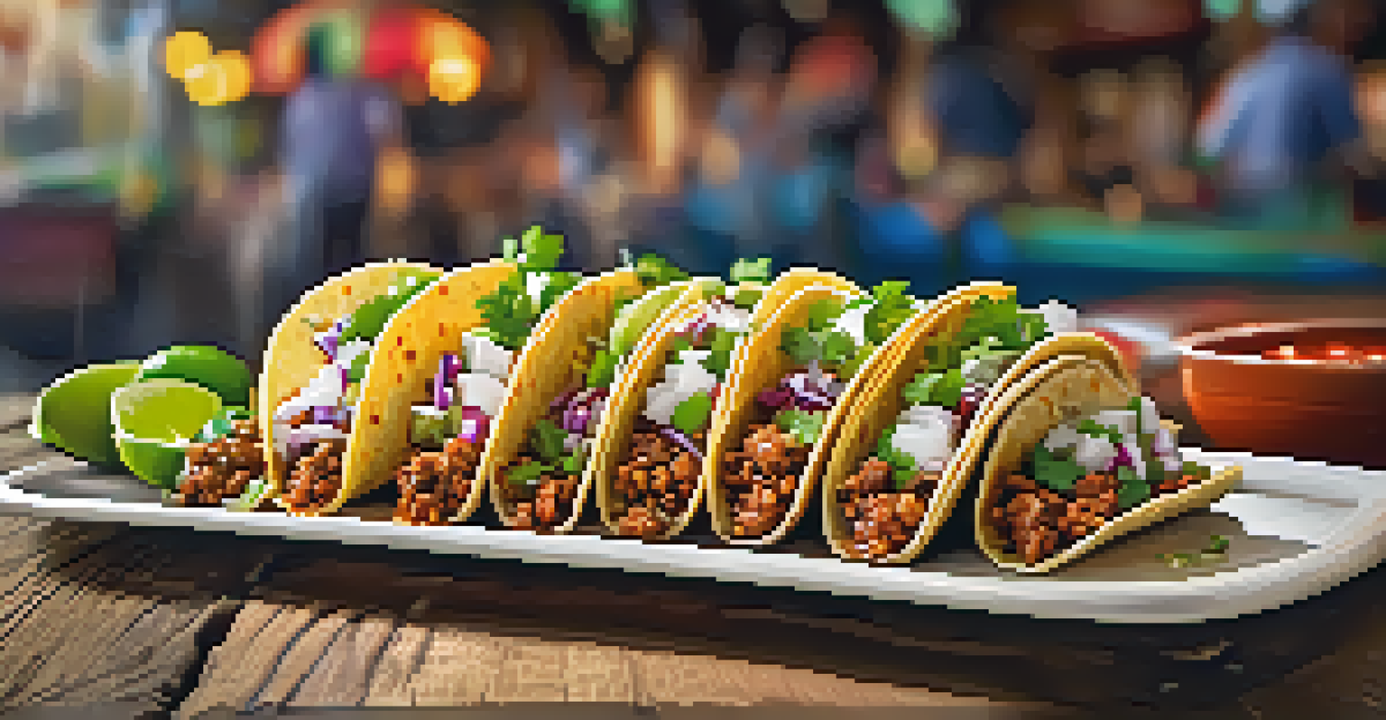 A close-up of authentic Mexican street tacos on a rustic table, garnished with fresh ingredients and lime wedges.