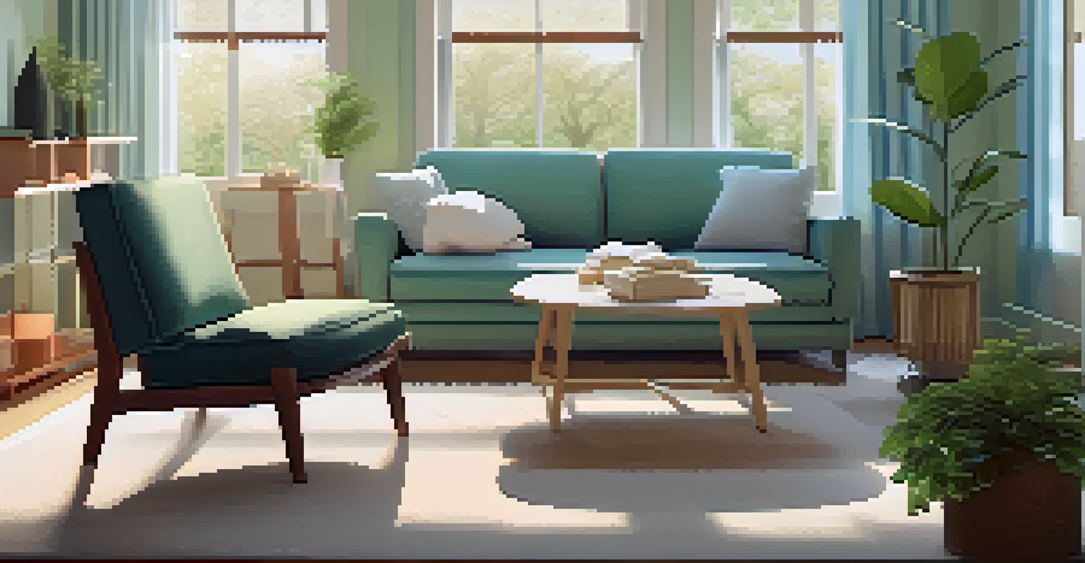 A cozy therapy room with a couch, warm colors, and natural light, decorated with plants and books.