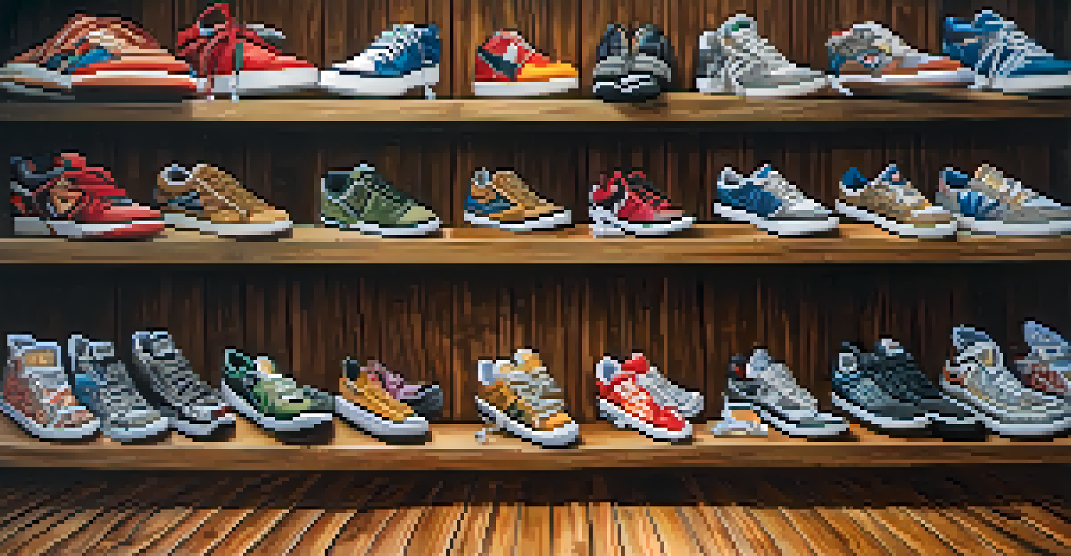 A close-up view of a colorful collection of streetwear sneakers displayed on a wooden surface, highlighting their intricate designs.