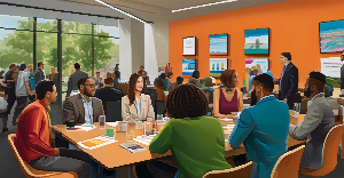 A lively networking event in a bright conference room with entrepreneurs engaged in discussions and exchanging business cards.