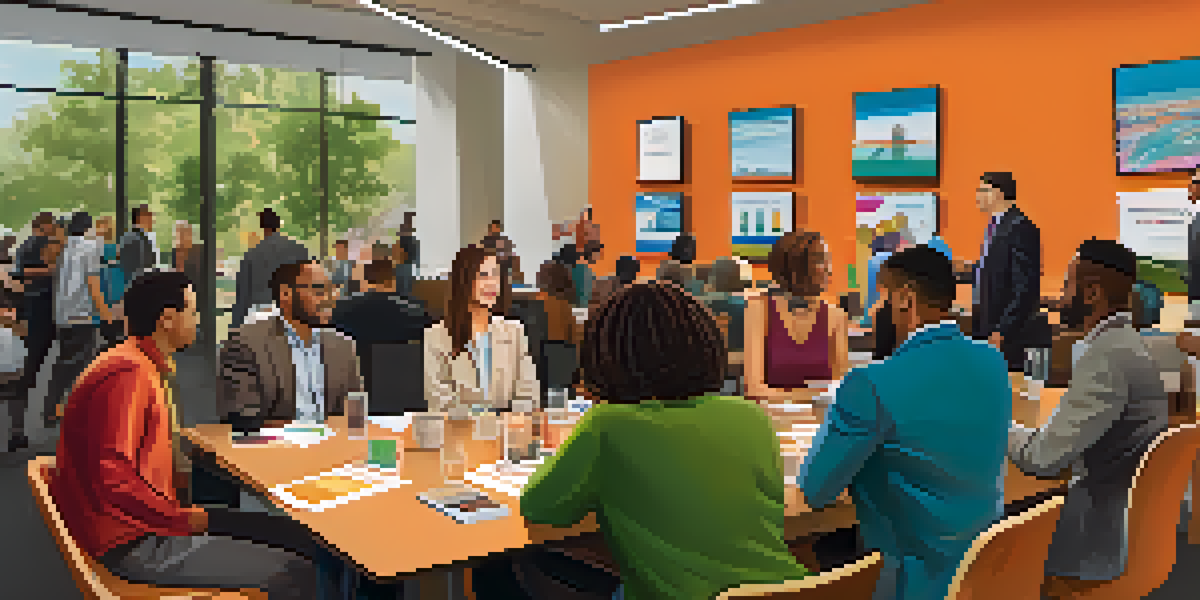 A lively networking event in a bright conference room with entrepreneurs engaged in discussions and exchanging business cards.