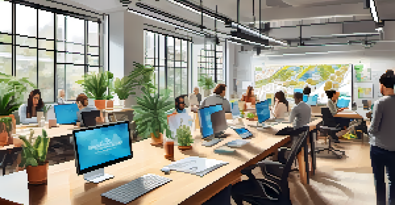 A close-up view of a diverse tech startup team brainstorming in a modern workspace filled with laptops and sketches.