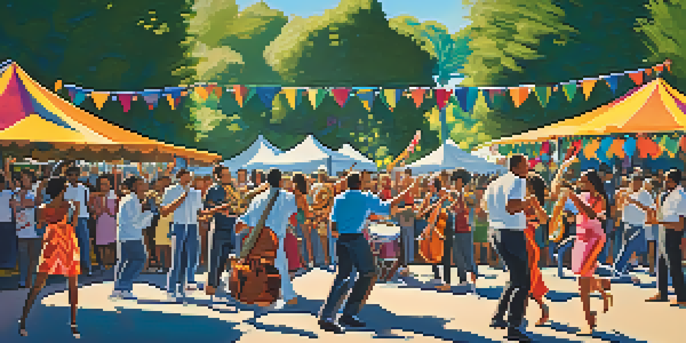 A lively outdoor festival with people dancing, musicians performing, and colorful food stalls under a sunny sky.