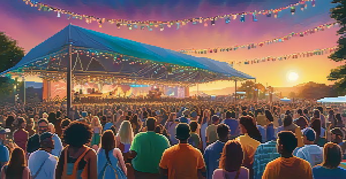 An outdoor music festival with local bands performing, colorful banners, and a lively crowd enjoying the music under a sunset sky.