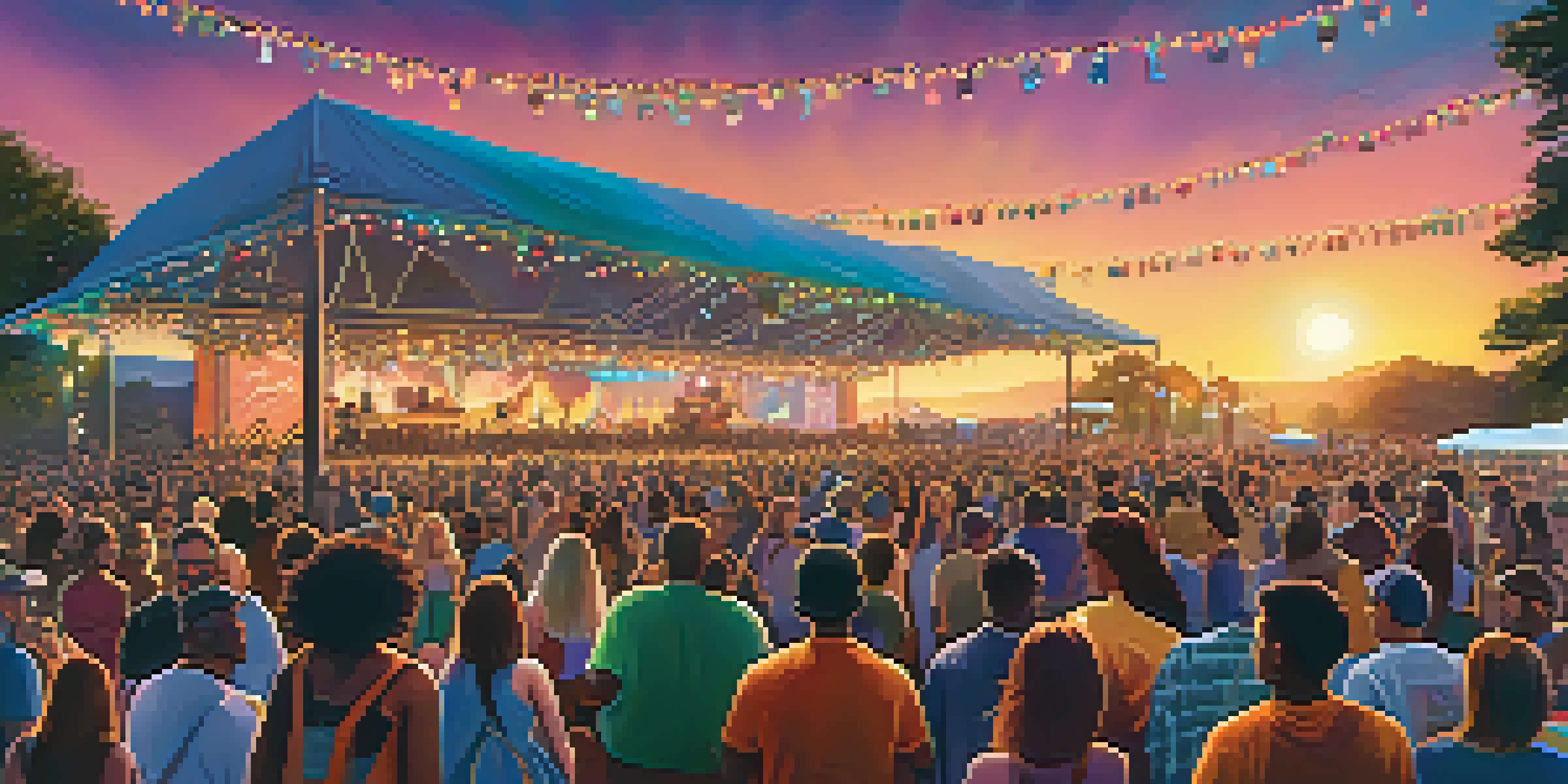 An outdoor music festival with local bands performing, colorful banners, and a lively crowd enjoying the music under a sunset sky.