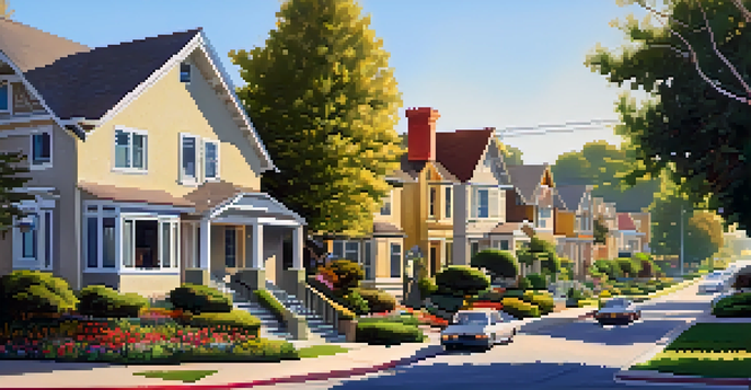 A peaceful neighborhood in San Jose with various homes, trees, and a family walking a dog.