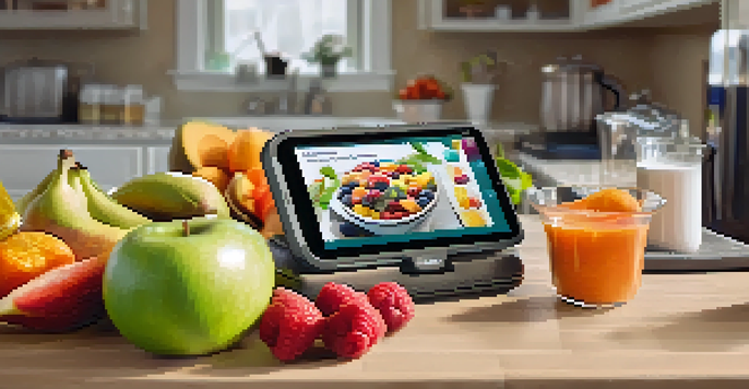 A smartphone showing a virtual fitness class, surrounded by healthy snacks and a water bottle.