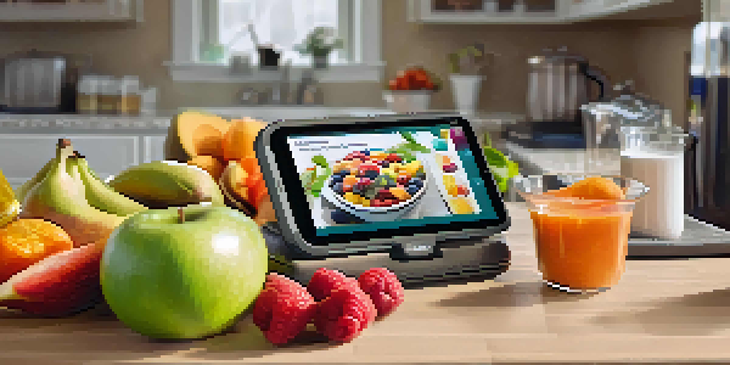 A smartphone showing a virtual fitness class, surrounded by healthy snacks and a water bottle.