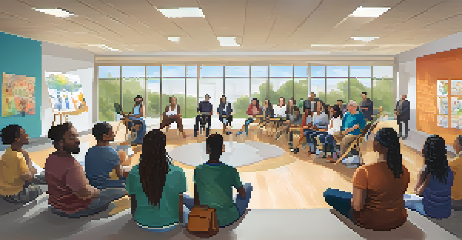 A community center workshop on mental health awareness with a diverse group of people seated in a circle, engaging with a facilitator using visual aids in a well-lit room.